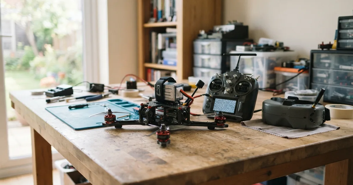 Ein hochwertiges FPV Drohnen Set liegt ansprechend verpackt bereit für die Bescherung unter dem Weihnachtsbaum